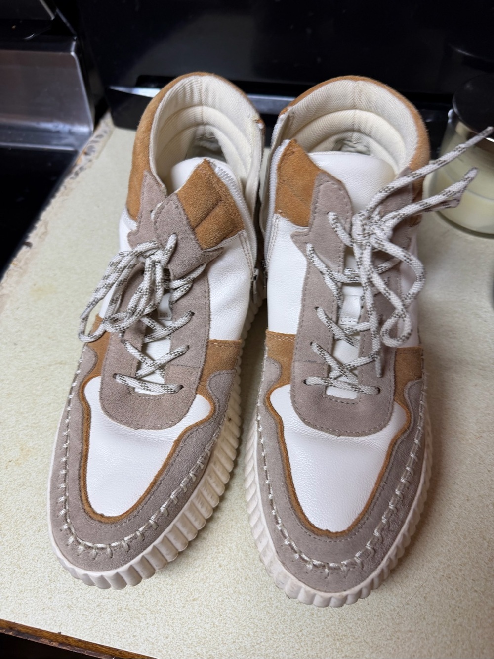 Dolce Vita White, Taupe & Camel Mixed-Material Low-Top Sneakers